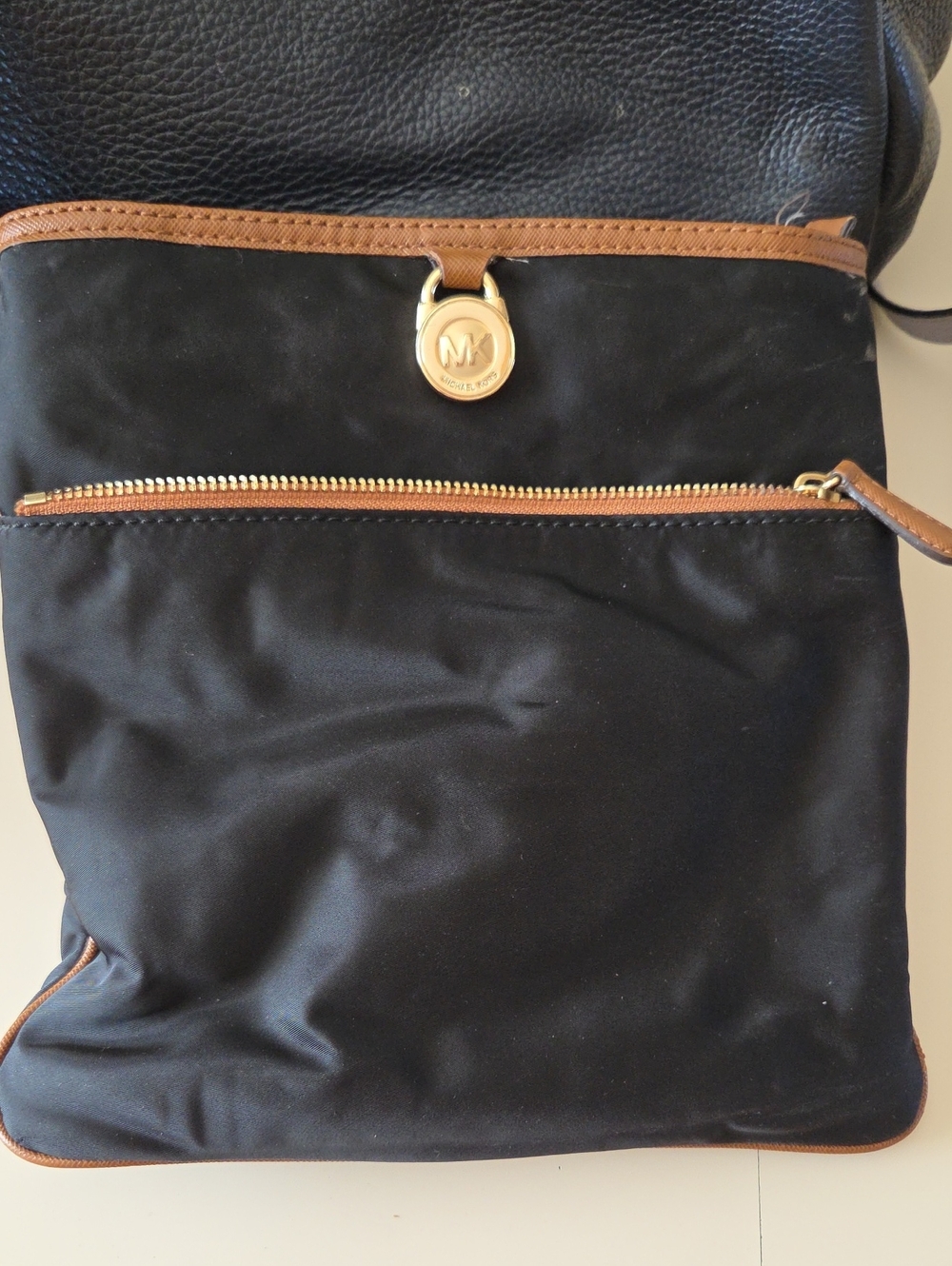 Michael Kors Black Nylon Crossbody with Brown Leather Trim and Gold MK Hardware